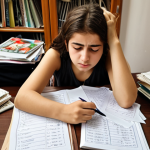 **

A young student sitting at a desk, looking stressed, with messy notes and textbooks scattered around.  Subtle visual cues (perhaps a framed family photo, a Turkish coffee cup) indicate a Turkish home environment.  Emphasis should be on the feeling of anxiety and being overwhelmed by studying.  Color palette: muted and slightly desaturated.  Keywords: *sınav stresi*, study stress, overwhelmed, Turkish student, *ders çalışma*.

**