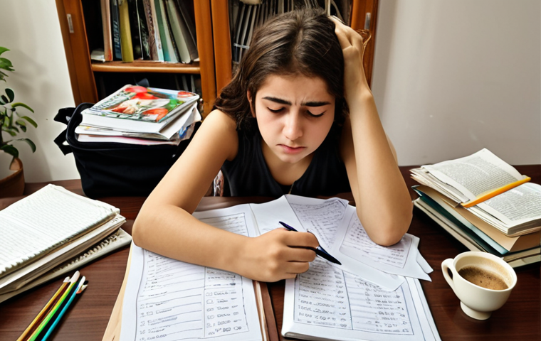 **
A young student sitting at a desk, looking stressed, with messy notes and textbooks scattered around. Subtle visual cues (perhaps a framed family photo, a Turkish coffee cup) indicate a Turkish home environment. Emphasis should be on the feeling of anxiety and being overwhelmed by studying. Color palette: muted and slightly desaturated. Keywords: *sınav stresi*, study stress, overwhelmed, Turkish student, *ders çalışma*.
**