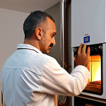 **A Turkish doğalgaz tesisatçısı (gas technician) inspecting a boiler in a modern Istanbul apartment, emphasizing energy efficiency and safety. Use warm, inviting lighting.**