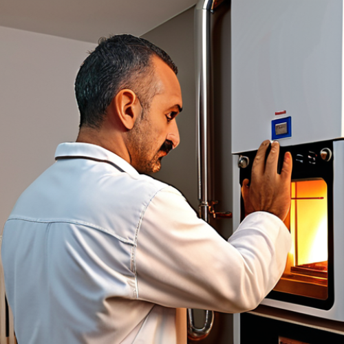 **A Turkish doğalgaz tesisatçısı (gas technician) inspecting a boiler in a modern Istanbul apartment, emphasizing energy efficiency and safety. Use warm, inviting lighting.**