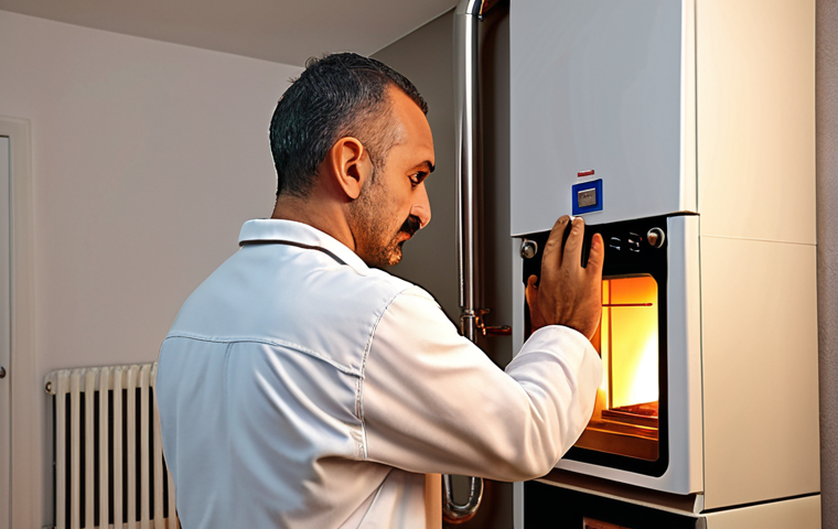 **A Turkish doğalgaz tesisatçısı (gas technician) inspecting a boiler in a modern Istanbul apartment, emphasizing energy efficiency and safety. Use warm, inviting lighting.**