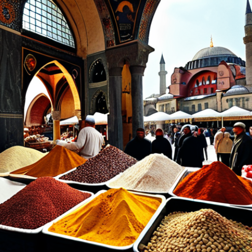 **A bustling marketplace in Istanbul, filled with vibrant colors and the aroma of spices. Merchants are selling their goods, and people are haggling prices. The Hagia Sophia is visible in the background.**