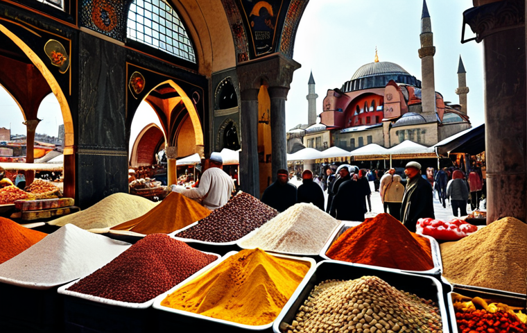 **A bustling marketplace in Istanbul, filled with vibrant colors and the aroma of spices. Merchants are selling their goods, and people are haggling prices. The Hagia Sophia is visible in the background.**
